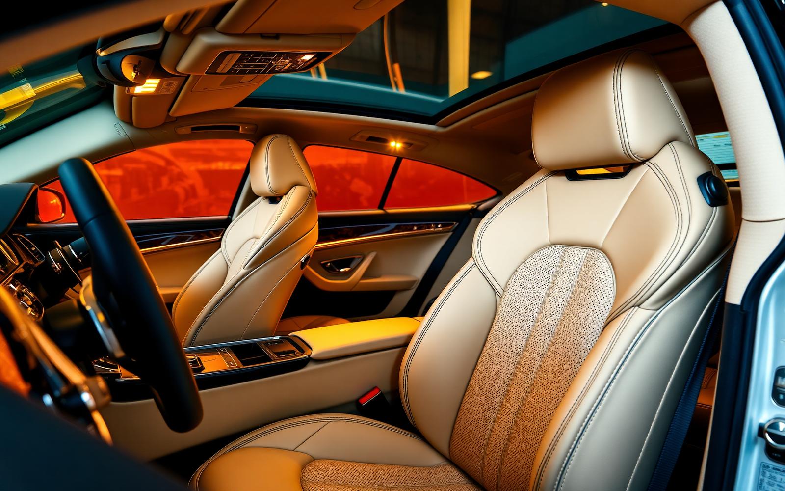 Luxury car interior with cream leather seats